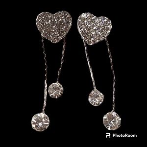 Silver Crystal Heart Dangling Earrings Large Heart Dangling Rhinestones NWT